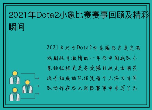 2021年Dota2小象比赛赛事回顾及精彩瞬间