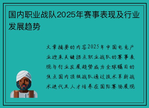 国内职业战队2025年赛事表现及行业发展趋势