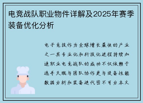 电竞战队职业物件详解及2025年赛季装备优化分析