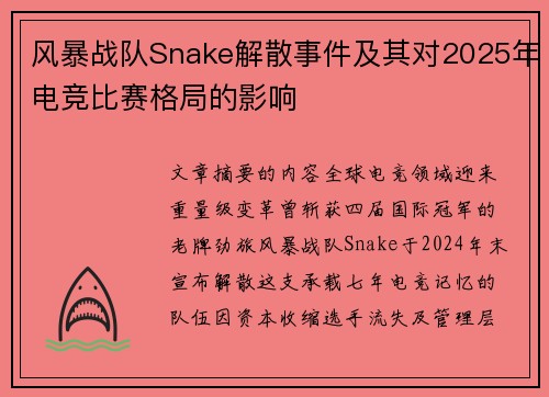 风暴战队Snake解散事件及其对2025年电竞比赛格局的影响